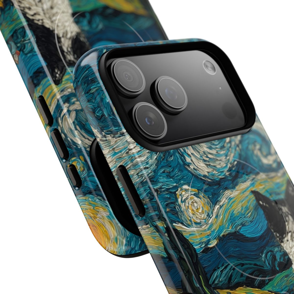 Whimsical celestial phone protector showcasing a tuxedo cat overlooking a vibrant, swirling night meadow.
