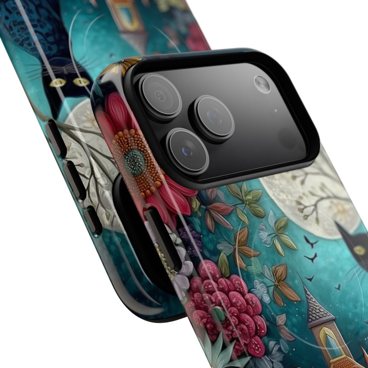 Whimsigoth aesthetic phone cover with a black cat nestled in a midnight floral garden.