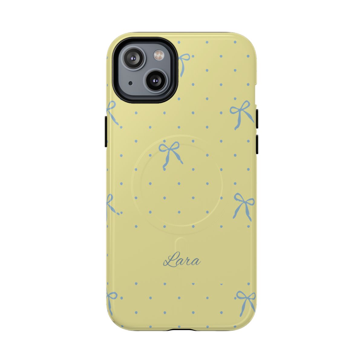 Personalized Yellow Bow Phone Case – Custom Name Blue Polka Dot Aesthetic
