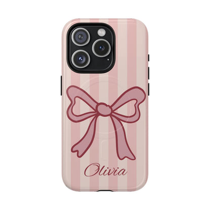Personalized Pink Bow Phone Case – Soft Pastel Striped Coquette Aesthetic