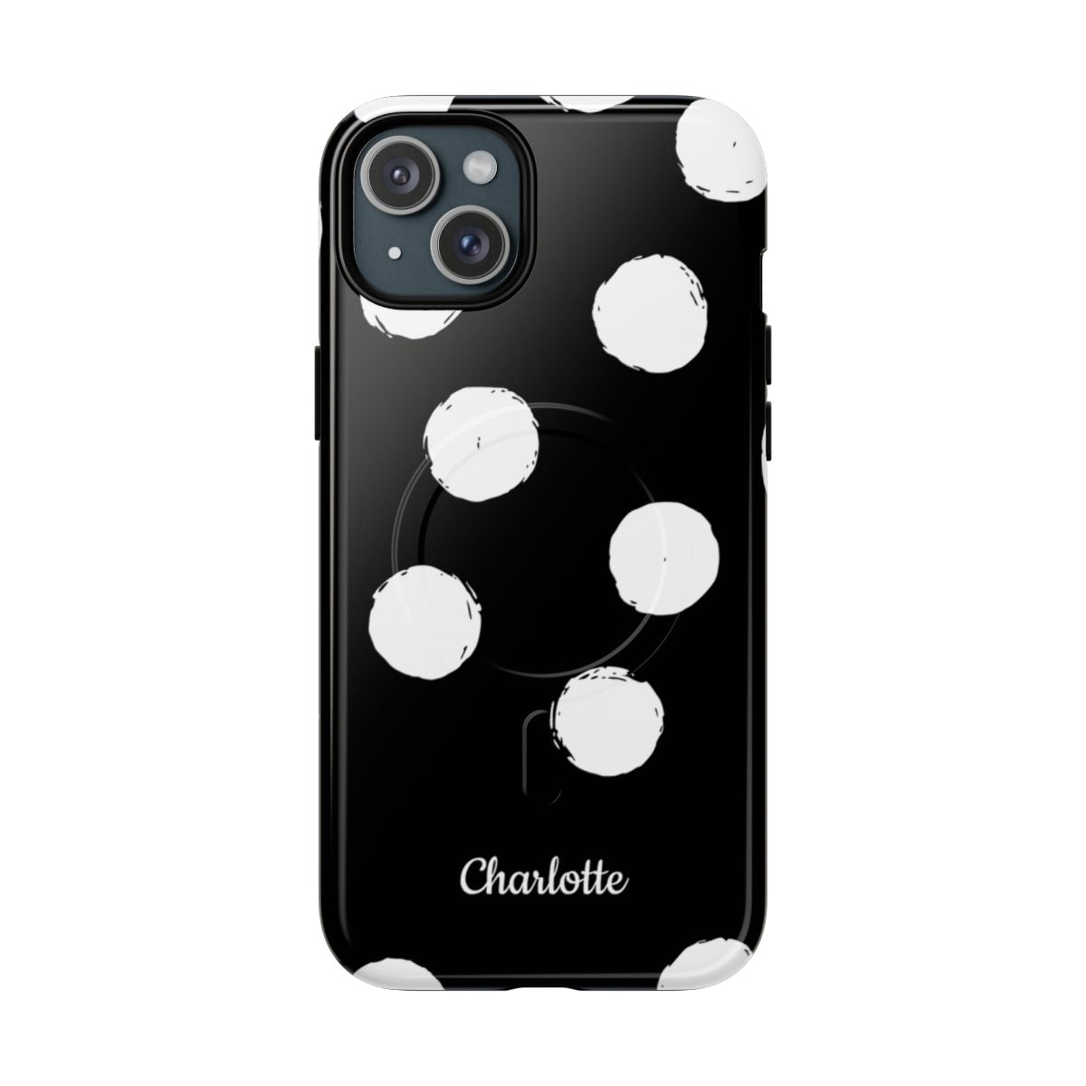Personalized Black Polka Dot Phone Case – Custom Name Bold Monochrome Aesthetic