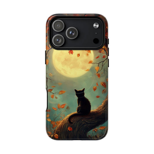 Phone case featuring a black cat silhouette sitting on a tree branch looking at a large, glowing full moon.