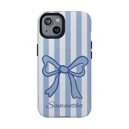 Personalized Coquette Bow Phone Case – Blue Striped Preppy Ribbon Aesthetic