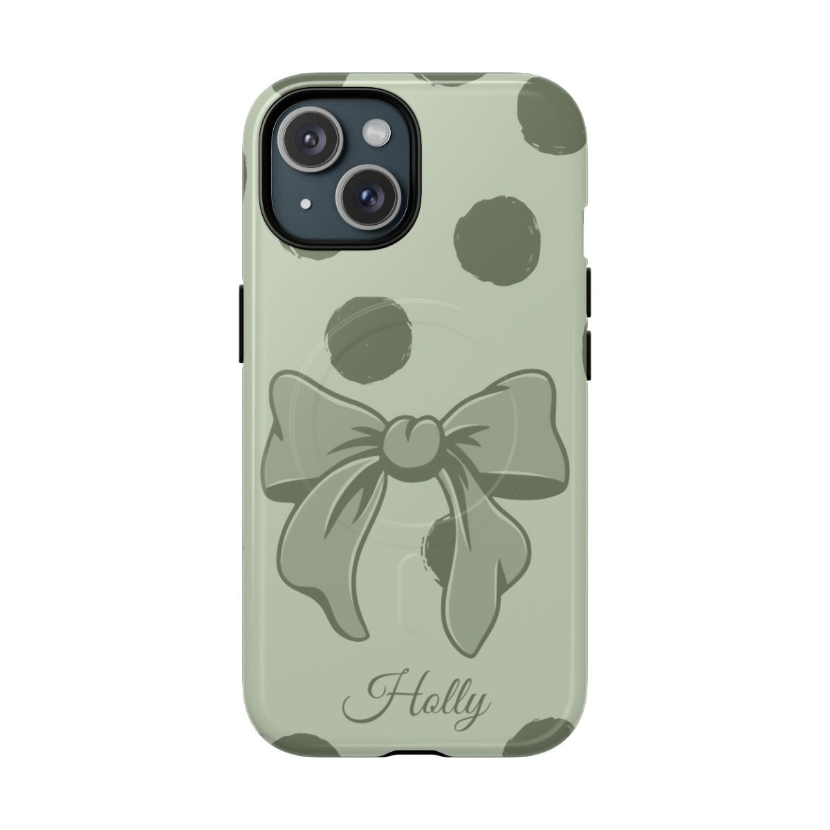Personalized Sage Green Polka Dot Bow Phone Case – Custom Name Coquette Aesthetic