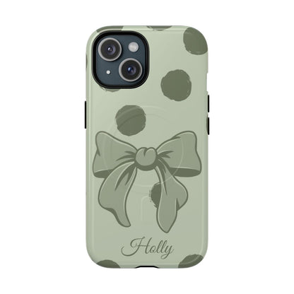 Personalized Sage Green Polka Dot Bow Phone Case – Custom Name Coquette Aesthetic