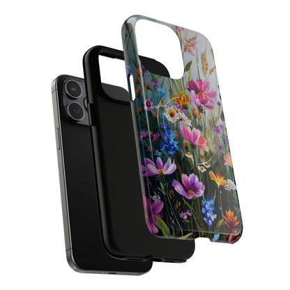 Bright botanical phone cover with a mix of magenta, sunflower yellow, and cornflower blue floral patterns on a dark stems background.