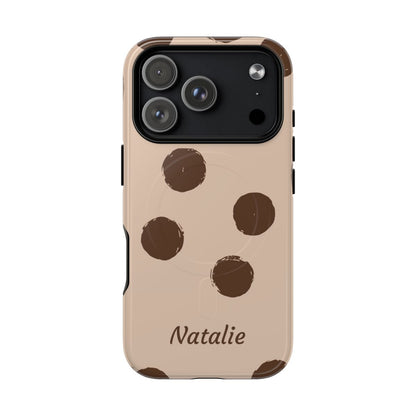 Personalized Brown Polka Dot Phone Case – Custom Name Neutral Boho Aesthetic