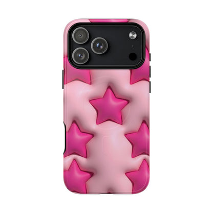 A 3D-effect puffy star pattern in vibrant hot pink and soft baby pink. The design features a quilted, pillowy texture across the entire back of the case.