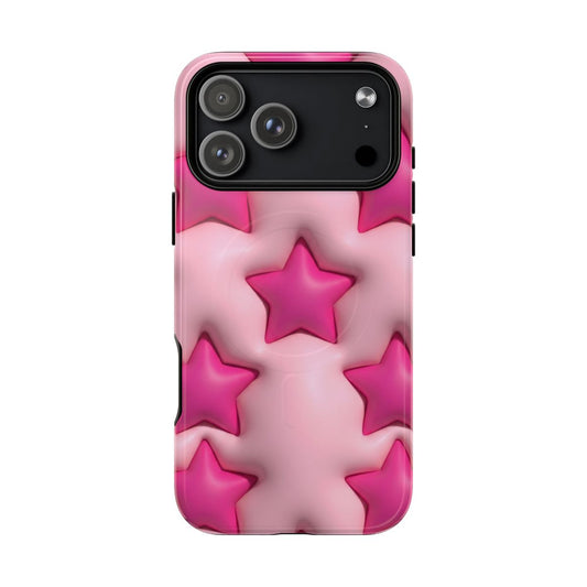 A 3D-effect puffy star pattern in vibrant hot pink and soft baby pink. The design features a quilted, pillowy texture across the entire back of the case.