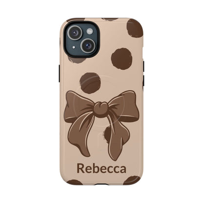Personalized Brown Polka Dot Bow Phone Case – Custom Name Coquette Retro Aesthetic