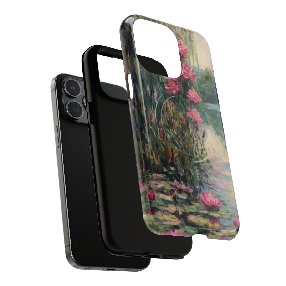 Back view of a protective phone case showcasing an artistic landscape of blooming flowers on a garden pond.
