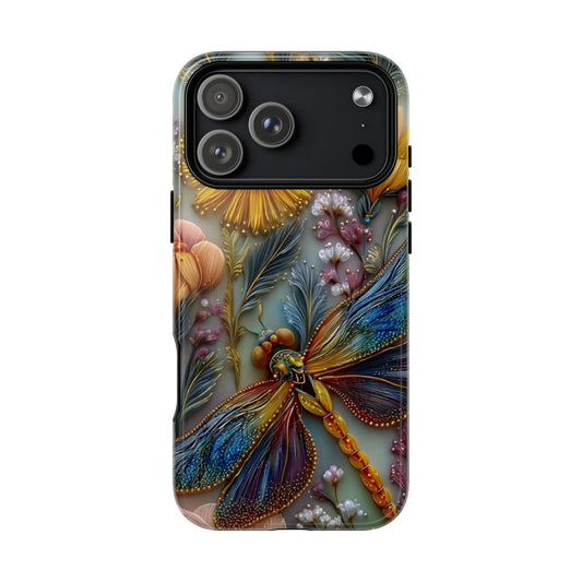 Intricate dragonfly phone case featuring iridescent blue and gold wings with textured 3D detailing.