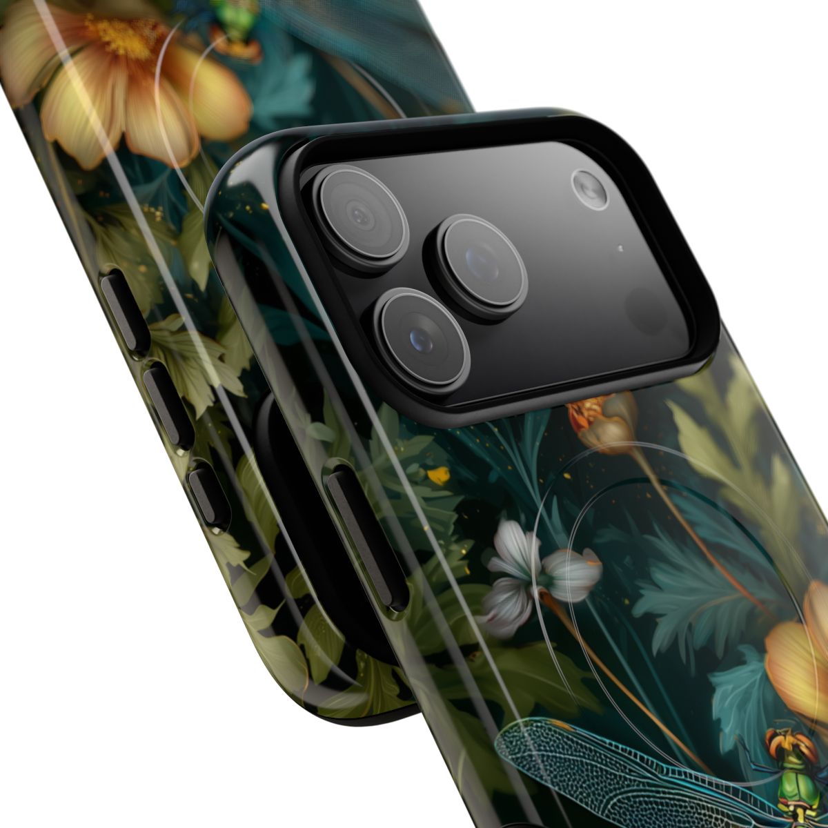Artistic nature-themed phone case showcasing a vibrant dragonfly with intricate wing details on a dark forest background.