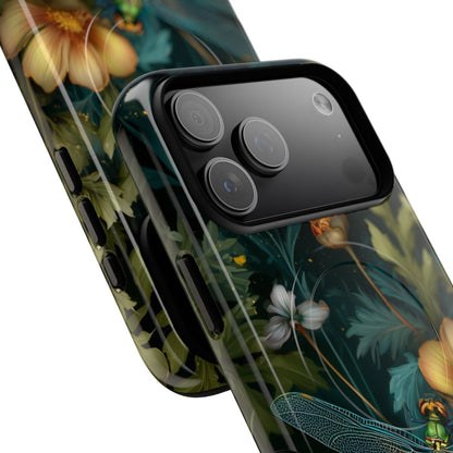 Artistic nature-themed phone case showcasing a vibrant dragonfly with intricate wing details on a dark forest background.