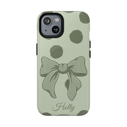 Personalized Sage Green Polka Dot Bow Phone Case – Custom Name Coquette Aesthetic