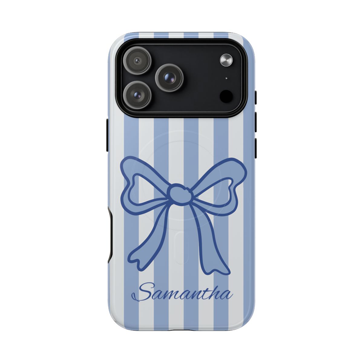 Personalized blue coquette bow phone case featuring a custom name over vertical stripes.