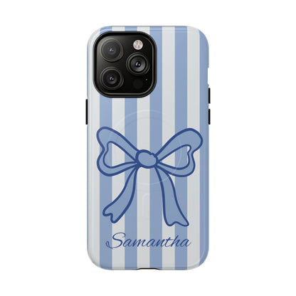 Personalized Coquette Bow Phone Case – Blue Striped Preppy Ribbon Aesthetic