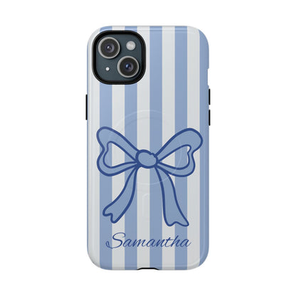 Personalized Coquette Bow Phone Case – Blue Striped Preppy Ribbon Aesthetic