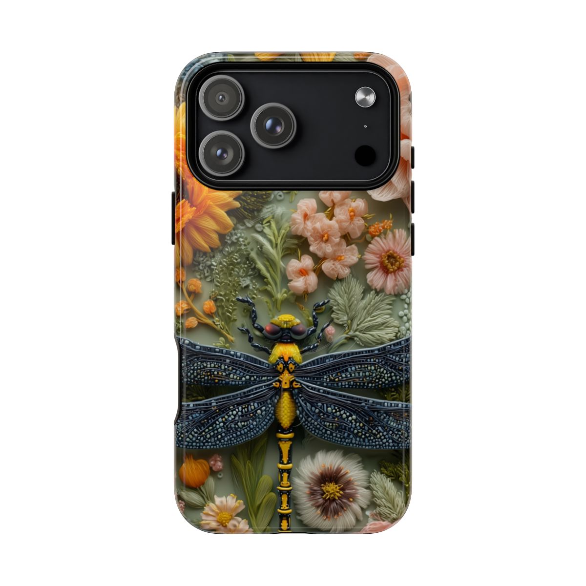 Detailed 3D-effect dragonfly phone case with intricate blue and yellow wings on a floral background.