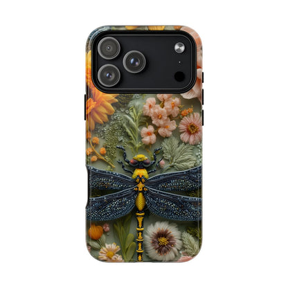 Detailed 3D-effect dragonfly phone case with intricate blue and yellow wings on a floral background.