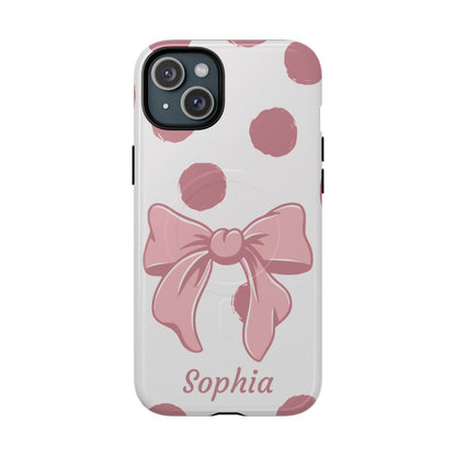 Personalized Pink Polka Dot Bow Phone Case – Custom Name Coquette Aesthetic