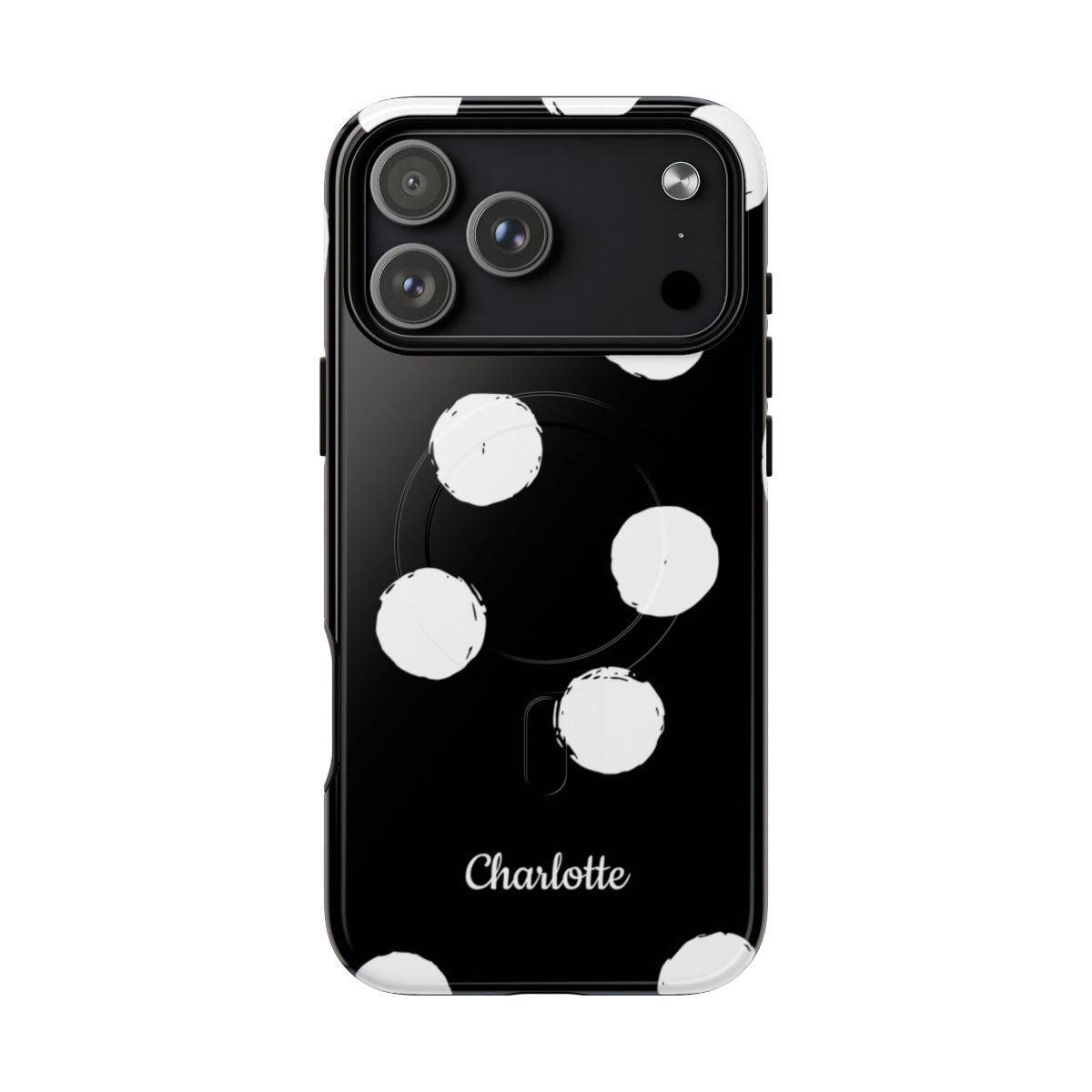 Personalized Black Polka Dot Phone Case – Custom Name Bold Monochrome Aesthetic