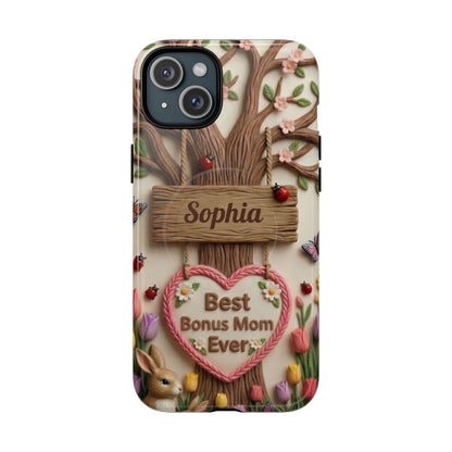 Personalized Bonus Mom Phone Case – Custom Name Clay Spring Garden Aesthetic