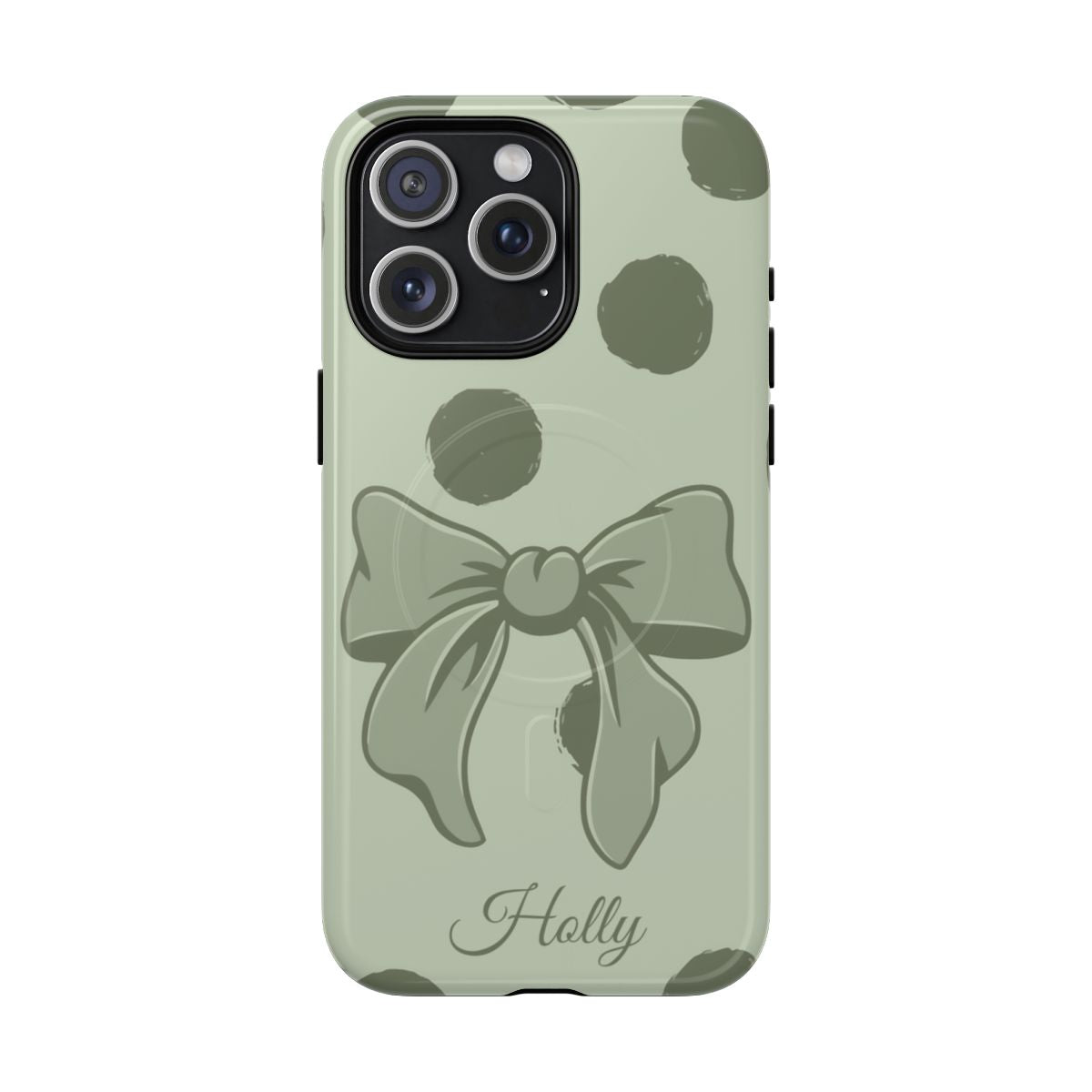 Personalized Sage Green Polka Dot Bow Phone Case – Custom Name Coquette Aesthetic