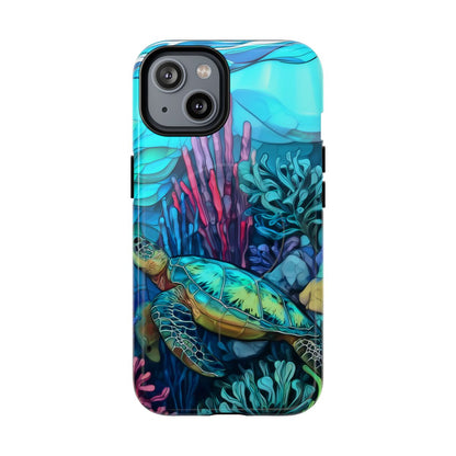 Stained Glass Turtle Phone Case – Coastal Blue Ocean Mosaic Aesthetic