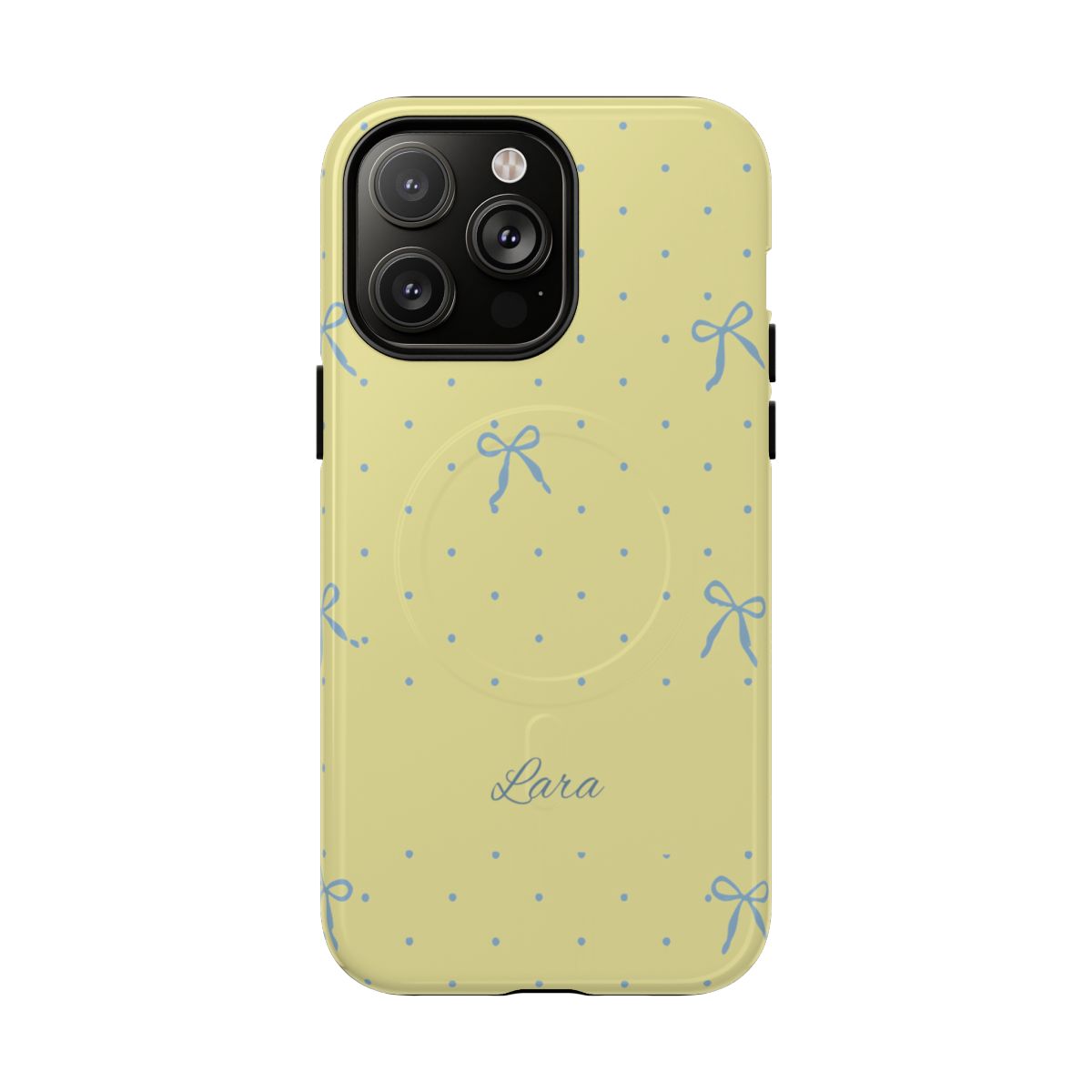 Personalized Yellow Bow Phone Case – Custom Name Blue Polka Dot Aesthetic
