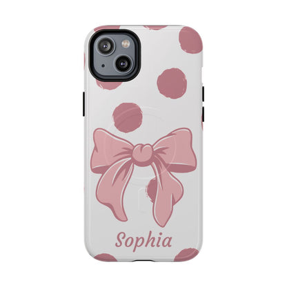 Personalized Pink Polka Dot Bow Phone Case – Custom Name Coquette Aesthetic