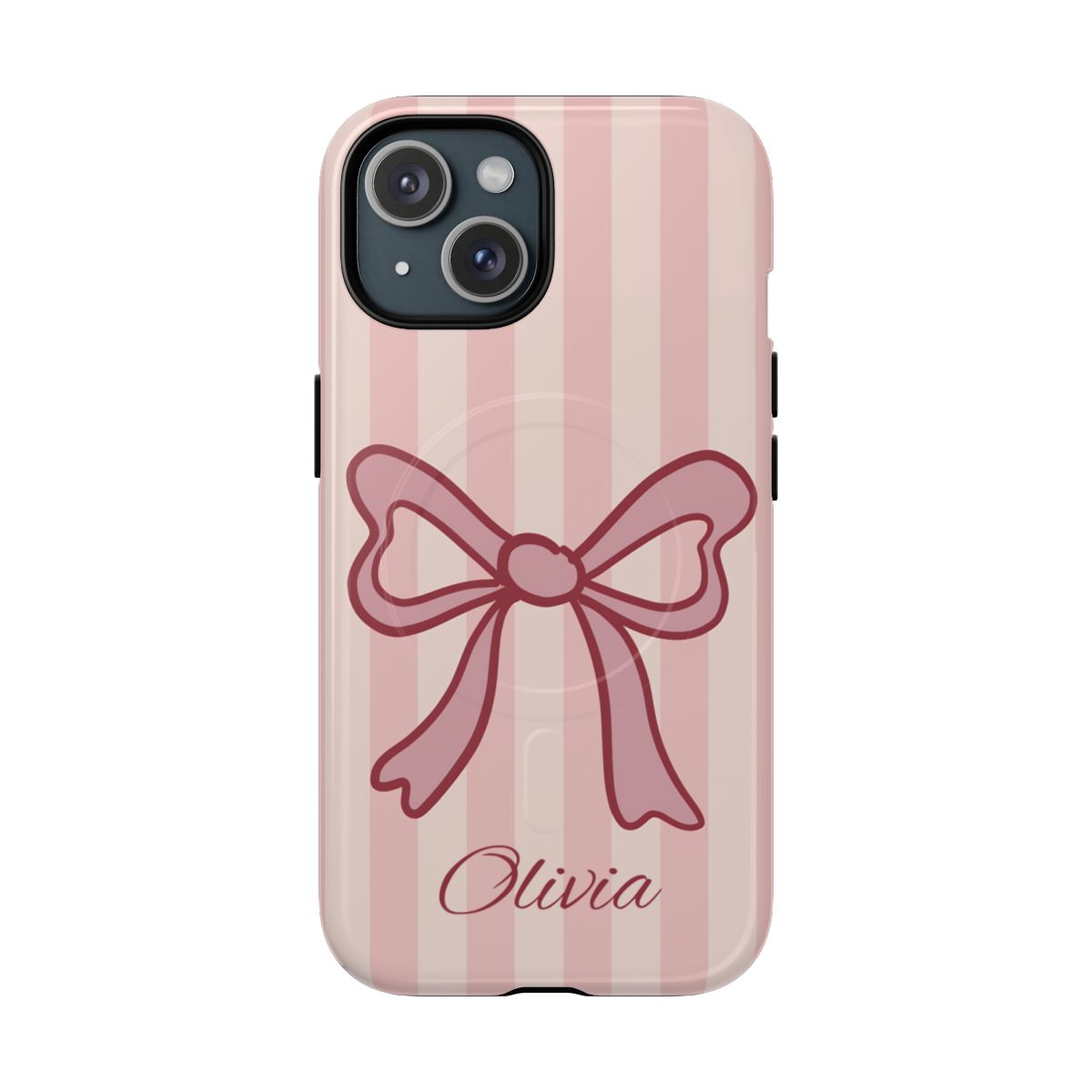 Personalized Pink Bow Phone Case – Soft Pastel Striped Coquette Aesthetic