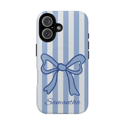 Personalized Coquette Bow Phone Case – Blue Striped Preppy Ribbon Aesthetic