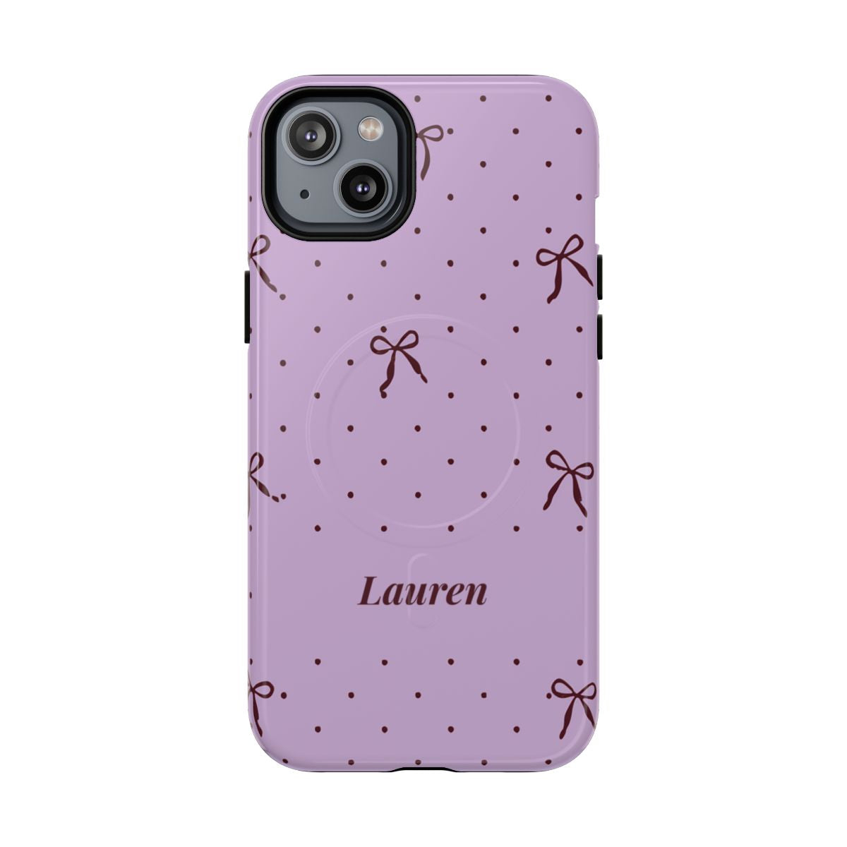 Personalized Lavender Bow Phone Case – Custom Name Polka Dot Coquette Aesthetic