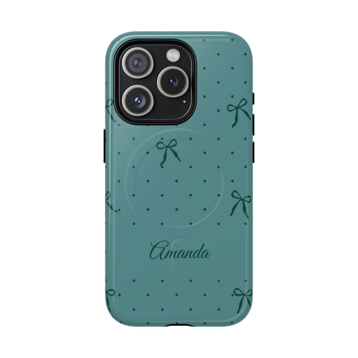 Personalized Teal Bow Phone Case – Custom Name Coquette Polka Dot Aesthetic