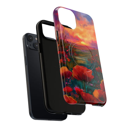 Moody nature phone case design with detailed red poppies and a serene, colorful twilight landscape.