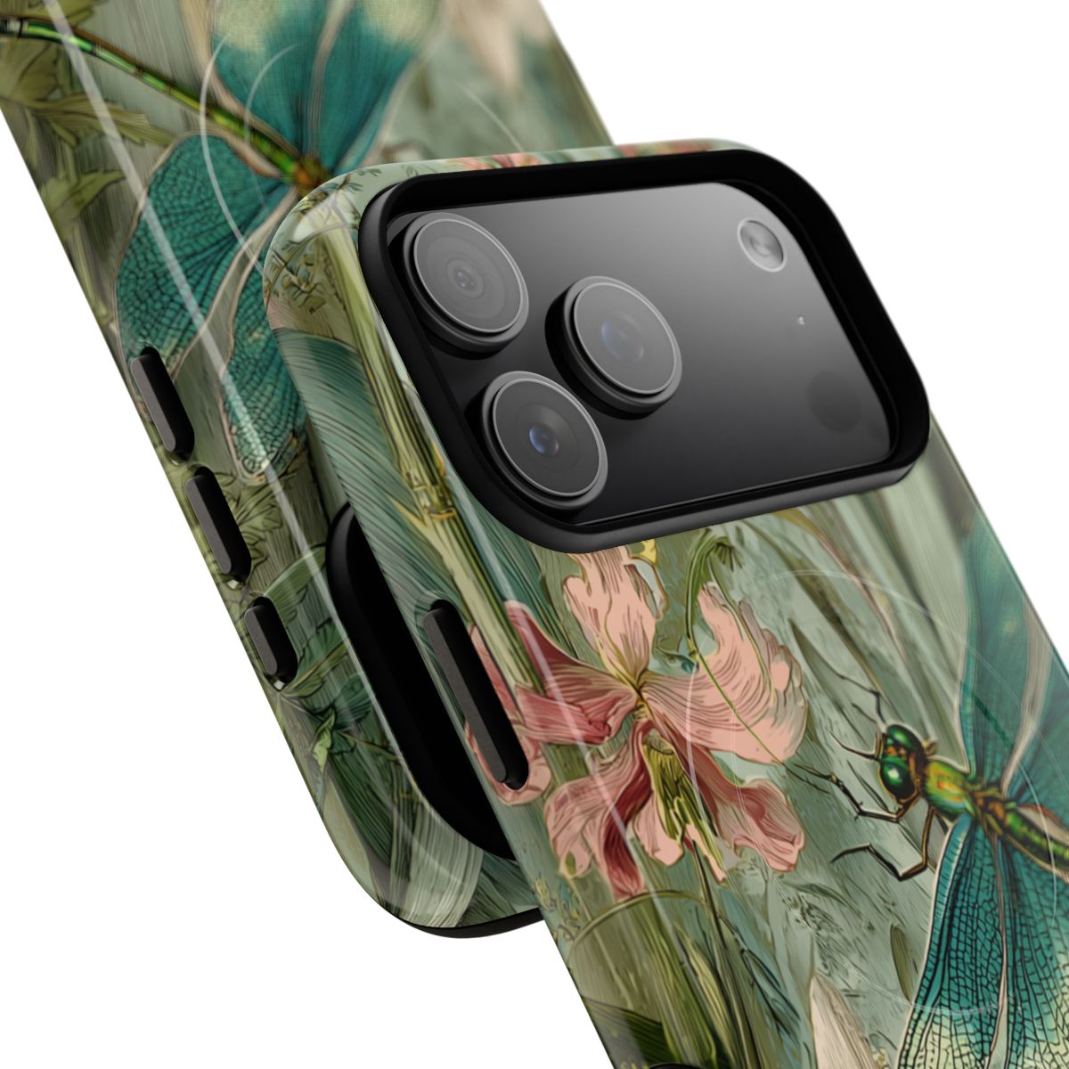 Artistic dragonfly phone case with a botanical theme and realistic insect wings.