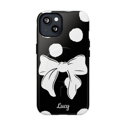 Personalized Black Polka Dot Bow Phone Case – Custom Name Coquette Retro Aesthetic