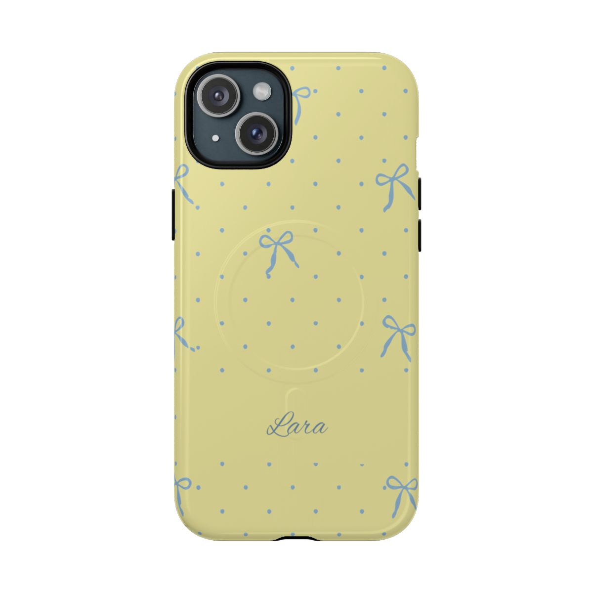 Personalized Yellow Bow Phone Case – Custom Name Blue Polka Dot Aesthetic