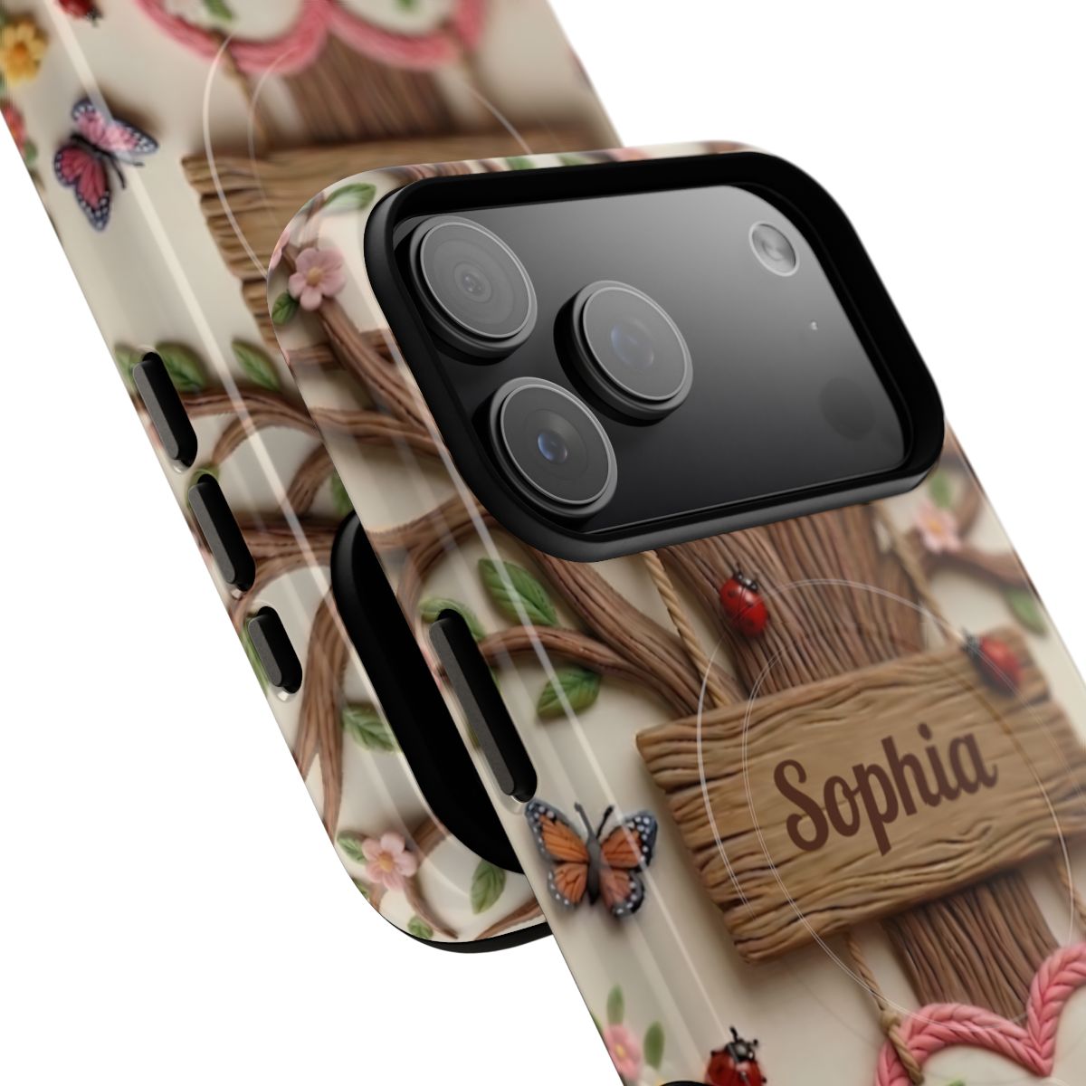Whimsical spring garden phone cover featuring a sculpted bunny, ladybugs, and colorful tulips in a 3D relief art style.