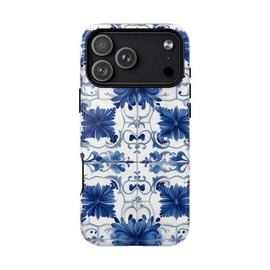 Phone case featuring a traditional blue and white Portuguese azulejo tile pattern with floral motifs.