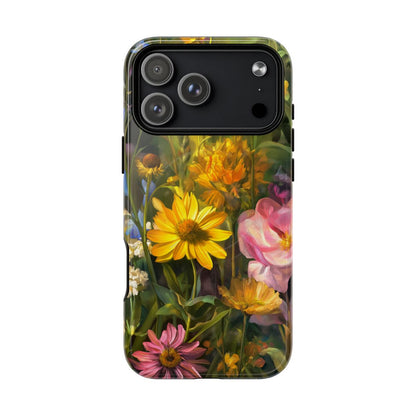 Painterly wildflower phone case featuring vibrant yellow daisies and pink blossoms. This protective hard-shell cover shows a lush, Impressionist-style floral garden design with rich golden tones.