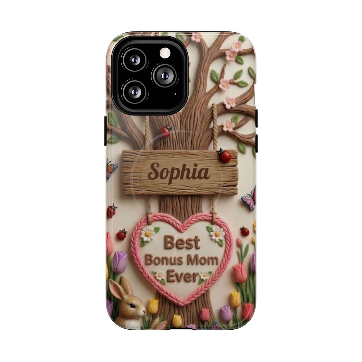 Personalized Bonus Mom Phone Case – Custom Name Clay Spring Garden Aesthetic