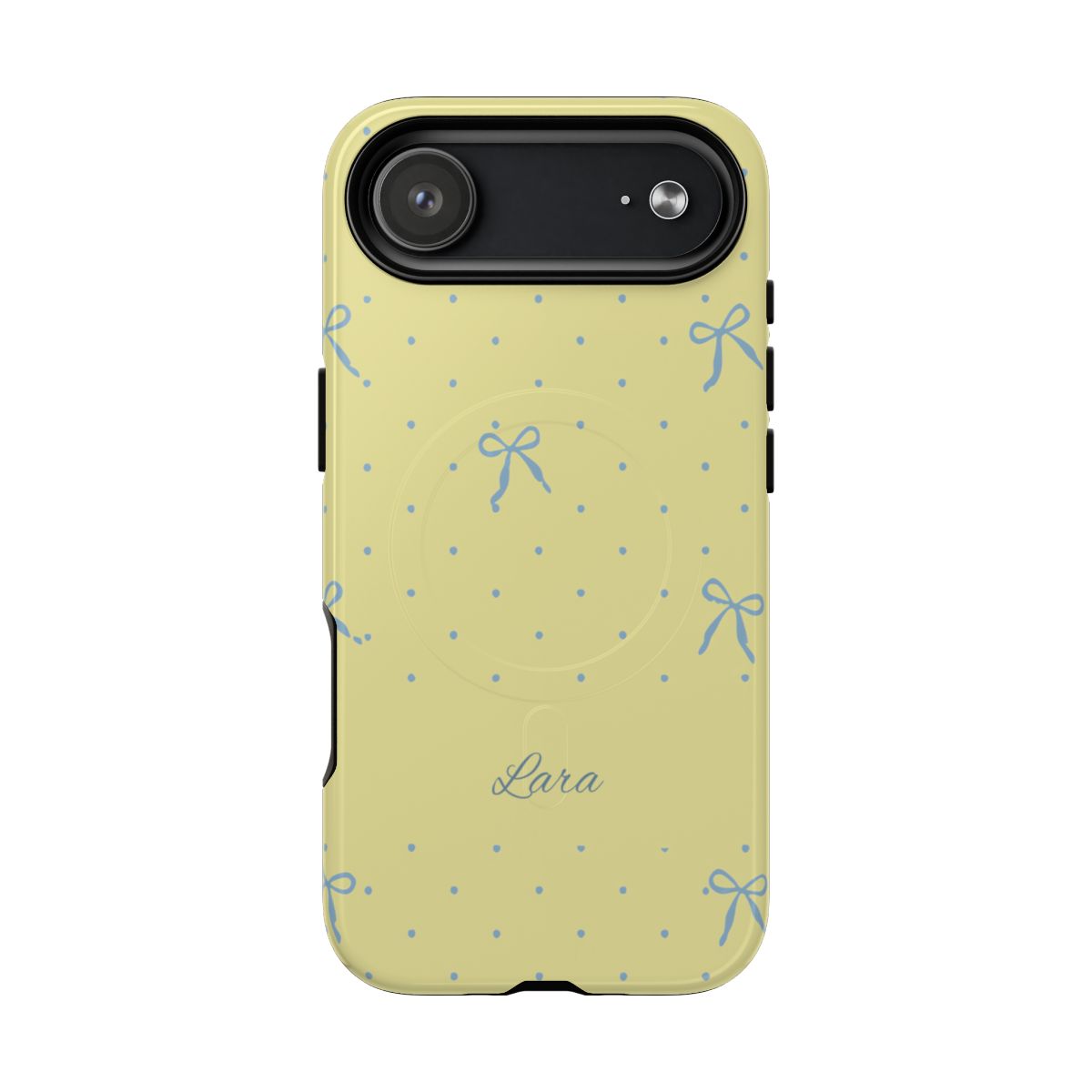 Personalized Yellow Bow Phone Case – Custom Name Blue Polka Dot Aesthetic