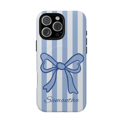 Personalized Coquette Bow Phone Case – Blue Striped Preppy Ribbon Aesthetic