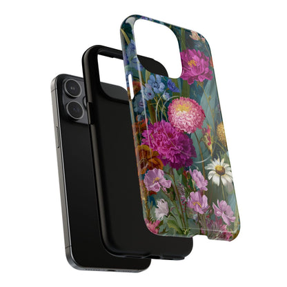 Close-up of a durable phone case with a high-definition floral pattern, including detailed petals and greenery that wrap around the edges of the device.