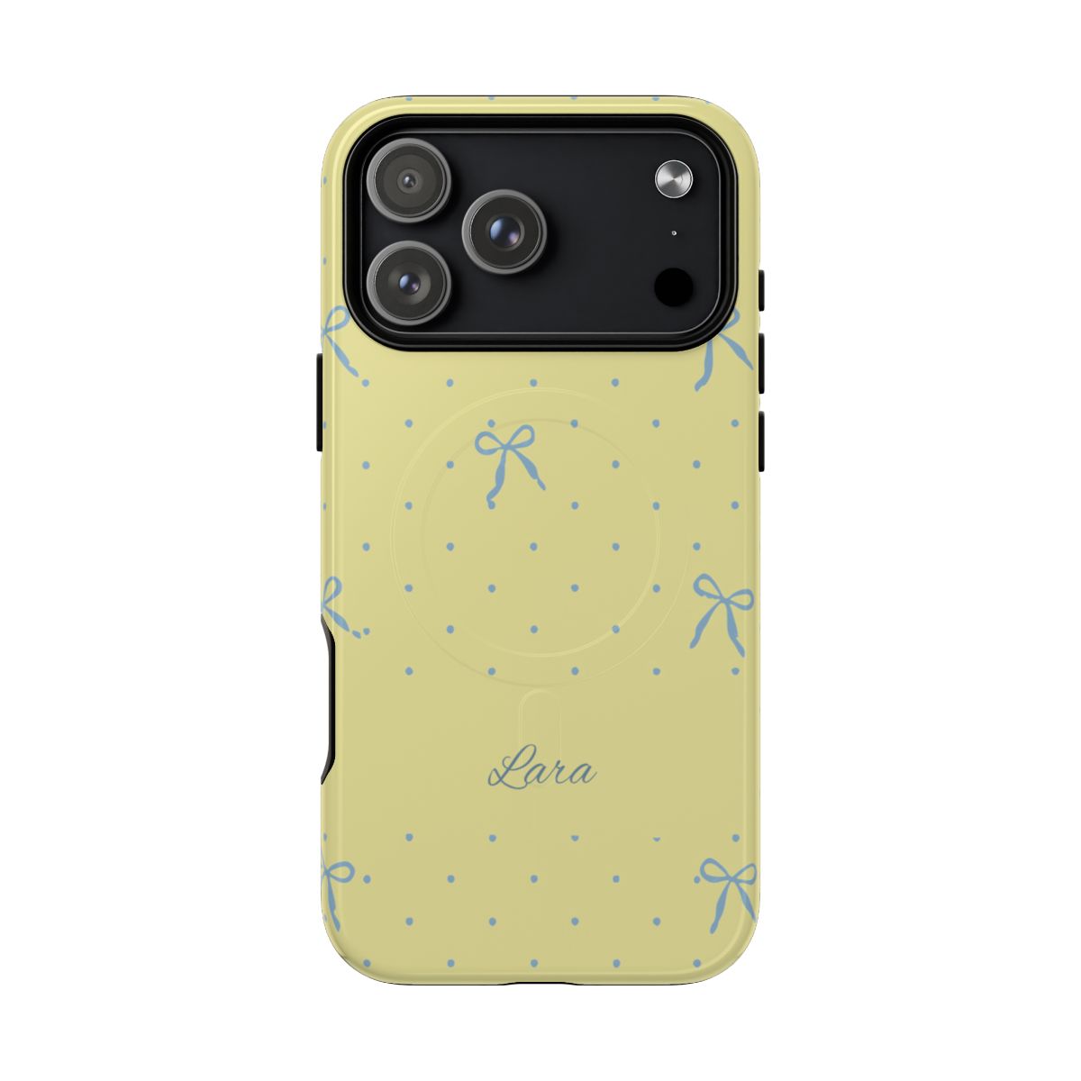Personalized Yellow Bow Phone Case – Custom Name Blue Polka Dot Aesthetic