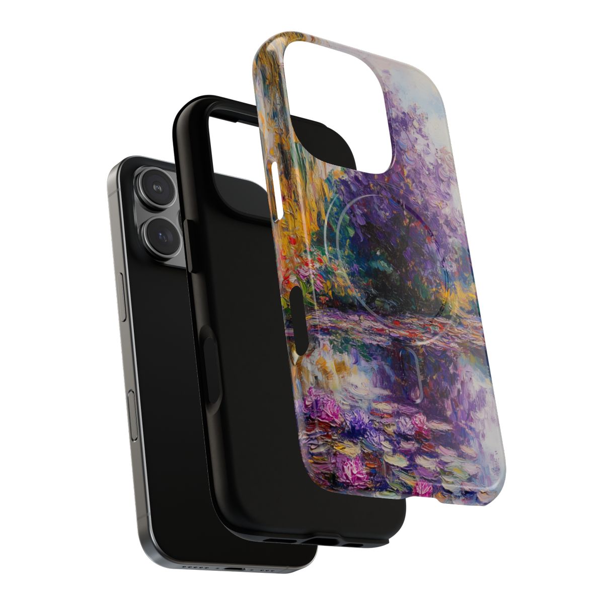 Back of a protective phone case showcasing a lush garden scene with blooming water lilies and textured foliage.