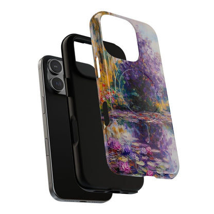 Back of a protective phone case showcasing a lush garden scene with blooming water lilies and textured foliage.