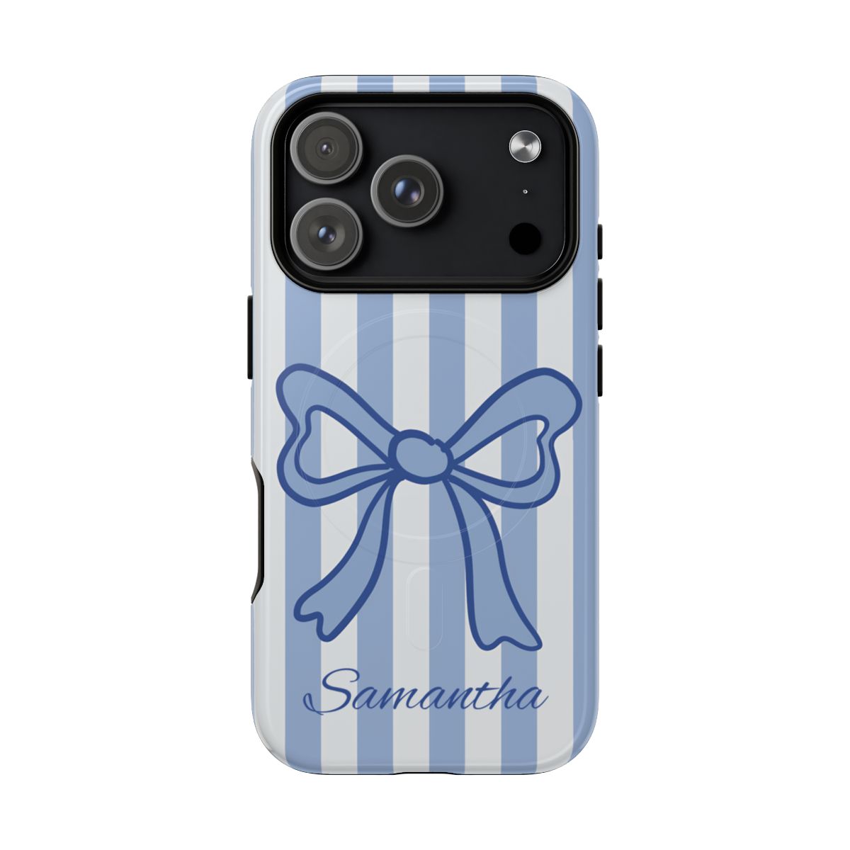 Personalized Coquette Bow Phone Case – Blue Striped Preppy Ribbon Aesthetic